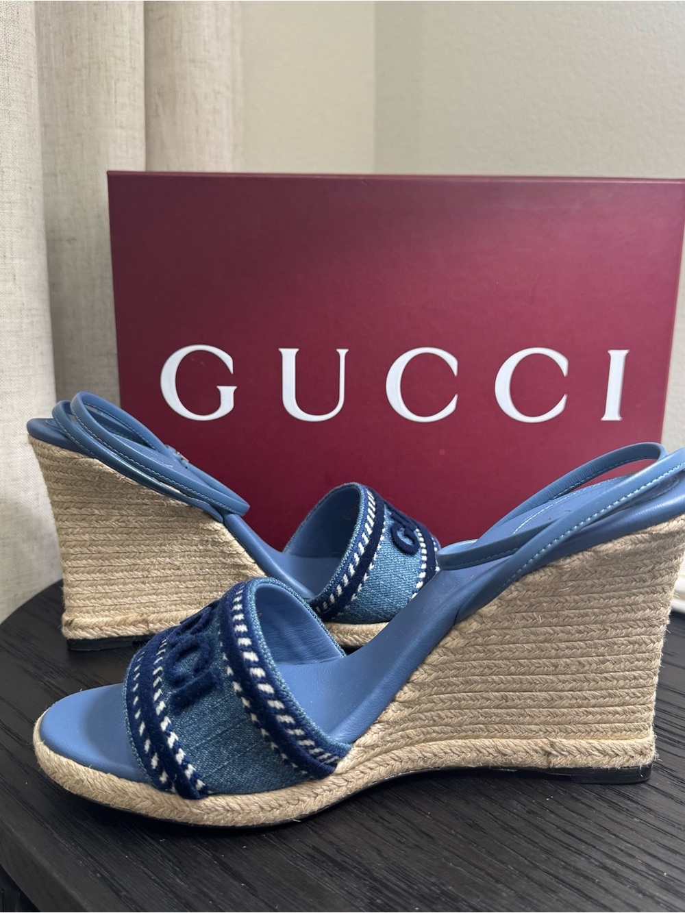 Gucci Ines Logo Denim Wedge Espadrilles 39.5 - Picture 5 of 8